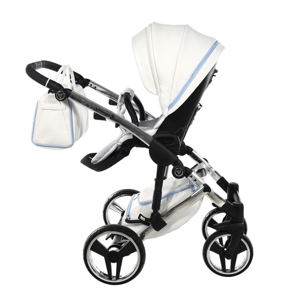 Baby stroller with white canopy and black frame on a white background