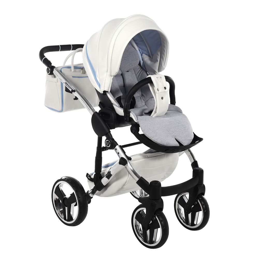 Baby stroller with white and gray design on a white background