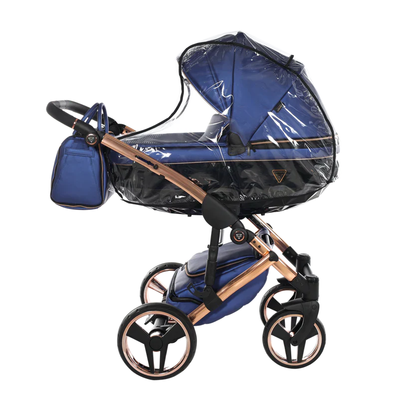 Blue baby stroller with clear rain cover on a white background