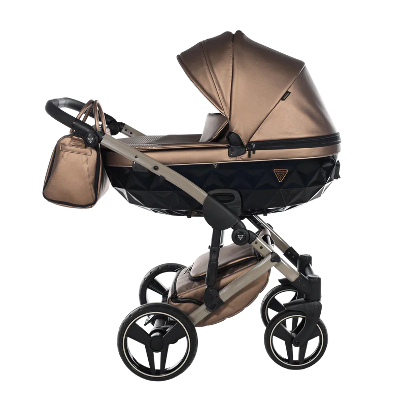Brown and beige baby stroller with matching bag on a white background