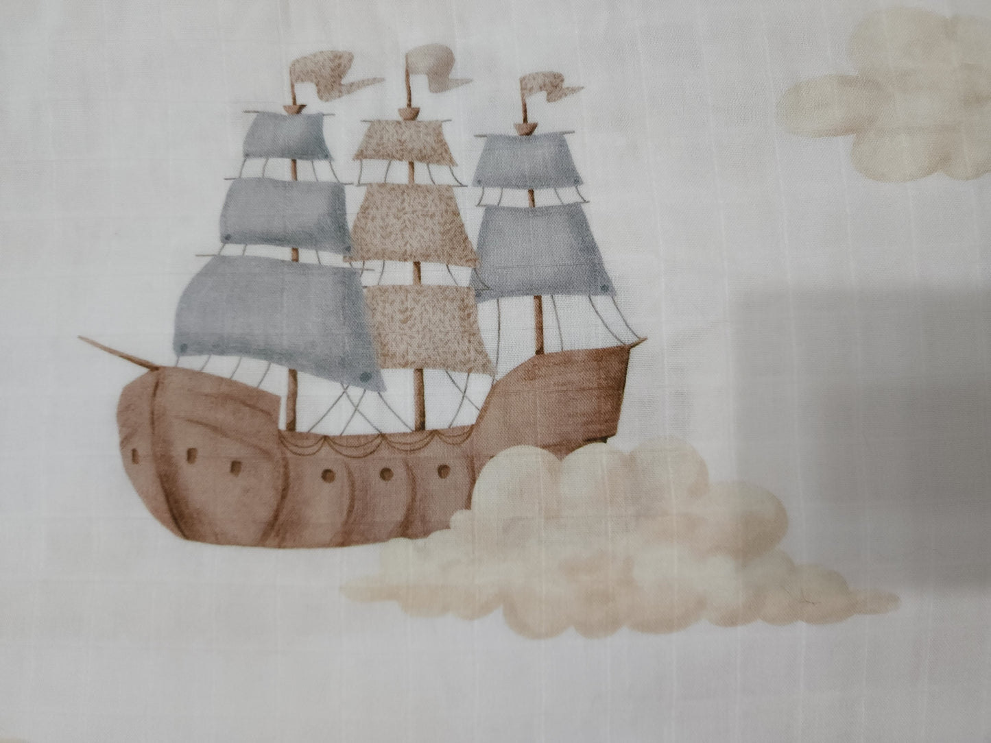 Illustration of a ship with multiple masts and sails on a light background