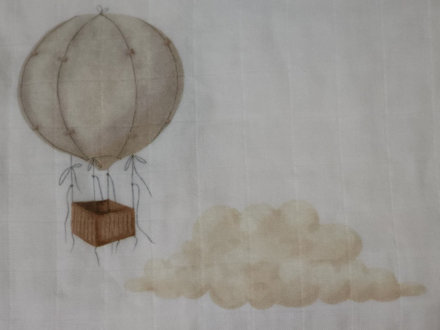 Illustration of a hot air balloon with a basket against a light gray background