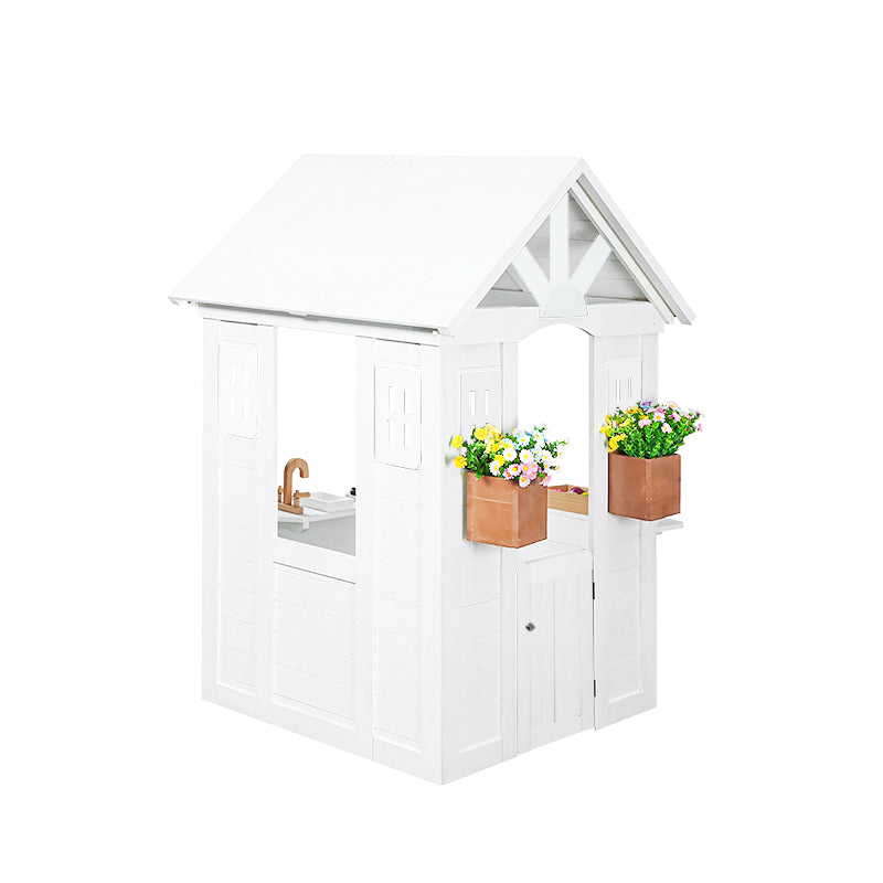 White playhouse with sink and flower pots on a white background