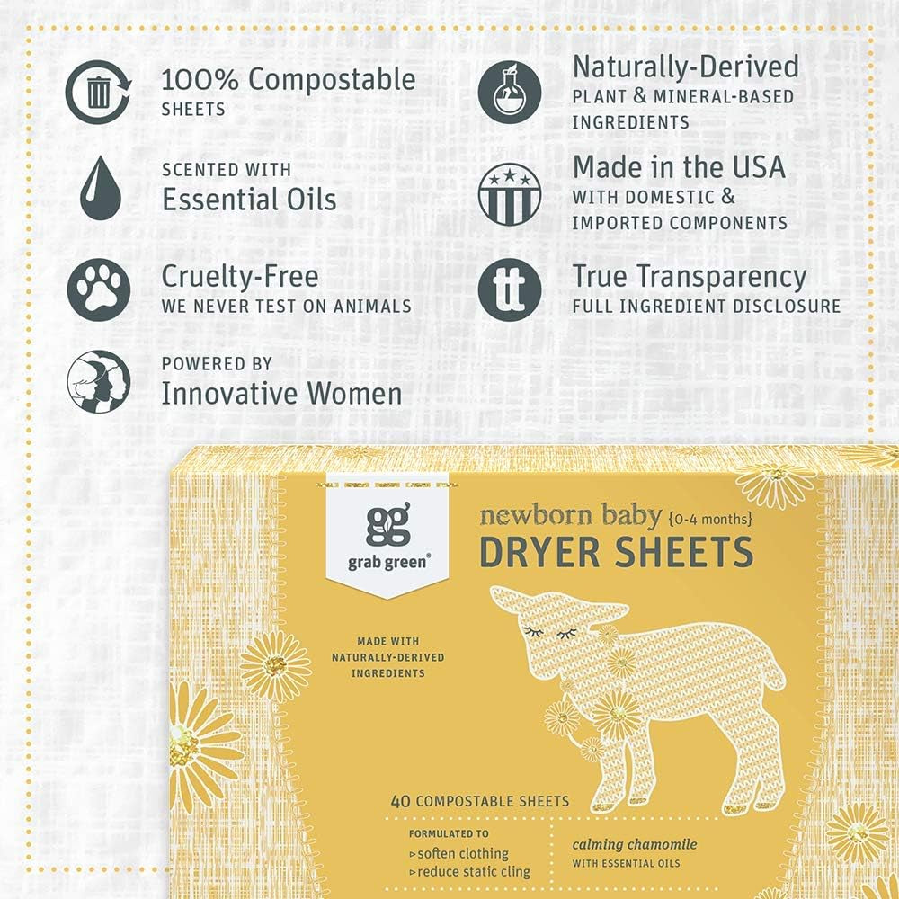 Newborn Baby Dryer Sheets, 120 Sheets, Chamomile Scent, Plant and Mineral Based, Compostable, Softens Clothing and Linens, Reduces Static Cling