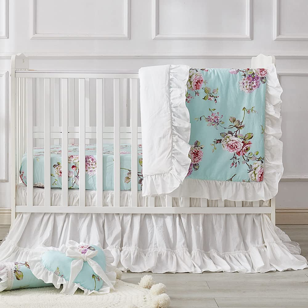 French Country Crib Bedding Set for Girls | 3 Piece Floral Nursery Set | Ruffled Baby Comforter, Crib Sheet, Crib Bed Skirt Included