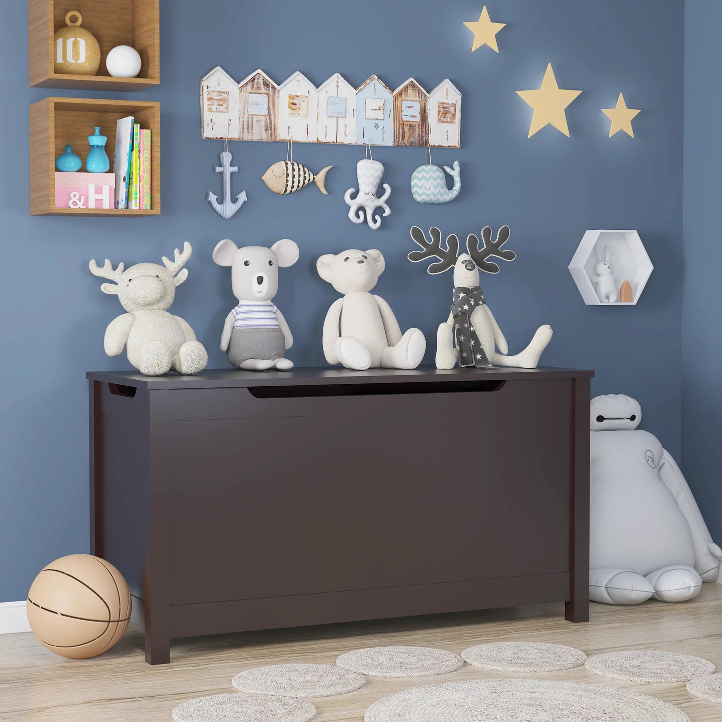 Toy Storage Box, Wooden Toy Box and Storage Chest with Seating Bench, Toy Chest with Safety Hinged Lid, Gift for Boys Girls