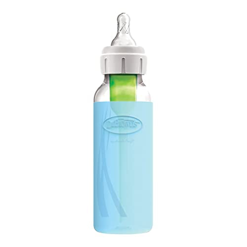 Dr. Brown's Natural Flow Anti-Colic Options+ Narrow Glass Baby Bottle Starter Set with Silicone Bottle Sleeves, Brush & Soft 100% Silicone HappyPaci Pacifier for Newborns, 0m+
