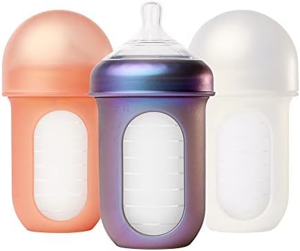 Boon Nursh Reusable Silicone Pouch Baby Bottles - Medium Flow Nipple - Silicone Baby Bottle Pouch and Nipple - Baby Feeding Essentials - Pink - 3-6 Months - 3 Count - 8 Ounce