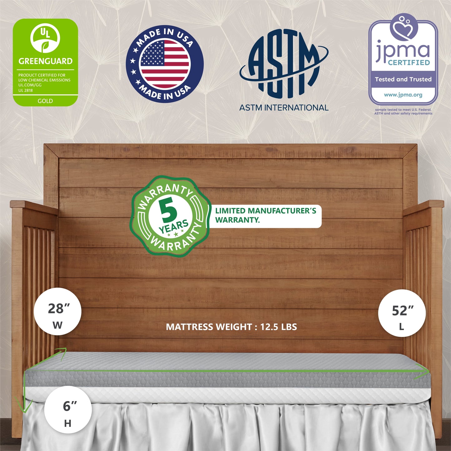 Pure Zen 2 in 1 Crib & Toddler Mattress, White and Grey, Greenguard Gold Certified