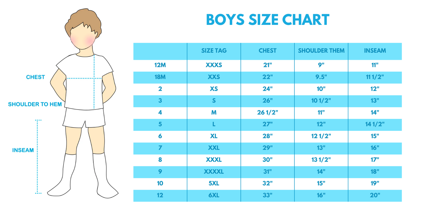 Boys size chart with measurement diagram