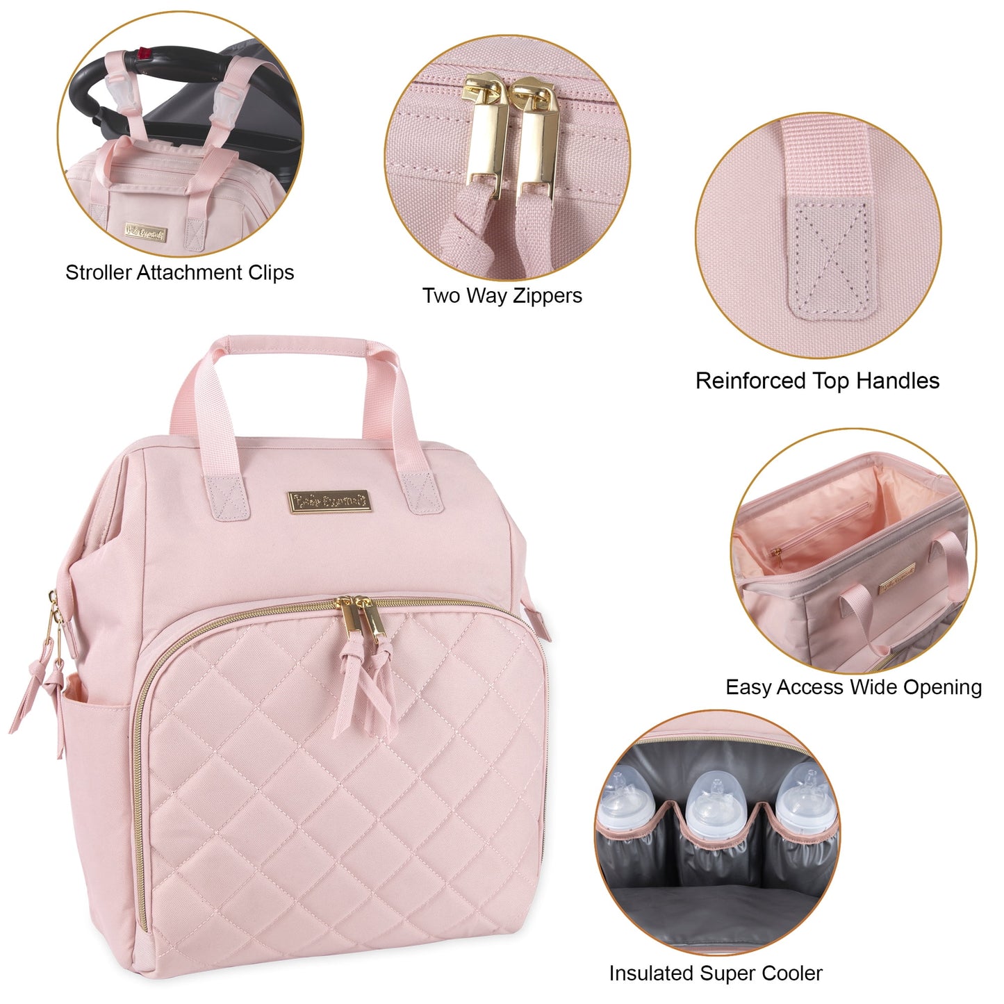 Super Cooler Main Frame Dual Zipper Closure Diaper Bag Backpack Tote with Matching 6-Ply Changing Pad, Insulated Bottle Pockets, Stroller Straps and Pacifier Pouch in Mauve Pink