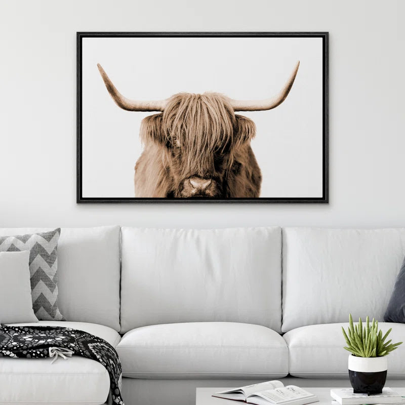 Brown Cute Highland Cow Framed Canvas Print Wall Art Work