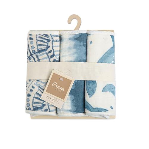 Crane Baby Muslin Burp Cloths, Nautical Theme Whale Design, Baby Boy Essentials, Cotton, Set of 3, 7" x 20" Blue Burp Cloth Set