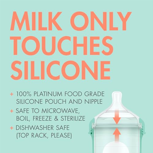 Boon Nursh Reusable Silicone Pouch Baby Bottles - Medium Flow Nipple - Silicone Baby Bottle Pouch and Nipple - Baby Feeding Essentials - Pink - 3-6 Months - 3 Count - 8 Ounce