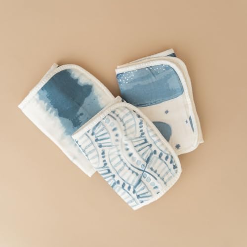 Crane Baby Muslin Burp Cloths, Nautical Theme Whale Design, Baby Boy Essentials, Cotton, Set of 3, 7" x 20" Blue Burp Cloth Set