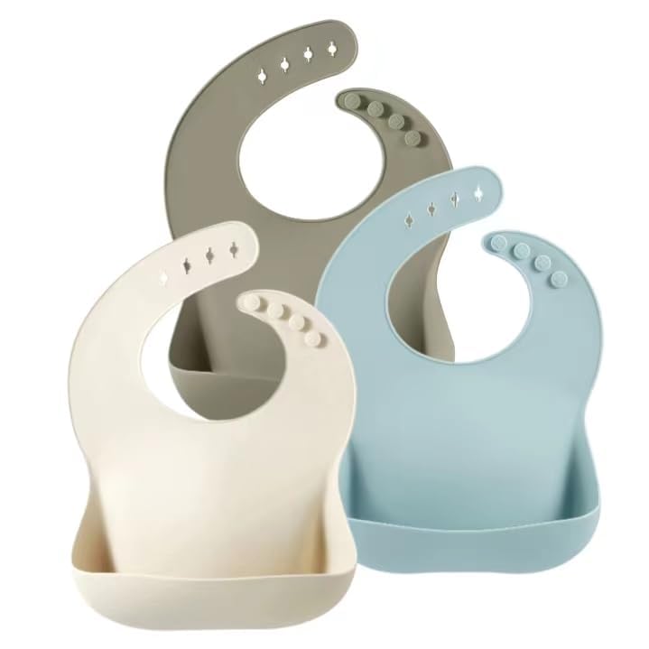 PandaEar Silicone Baby Bibs Set of 3 for Toddlers, BPA Free Waterproof Adjustable Feeding Bib with Large Pocket Food Catcher