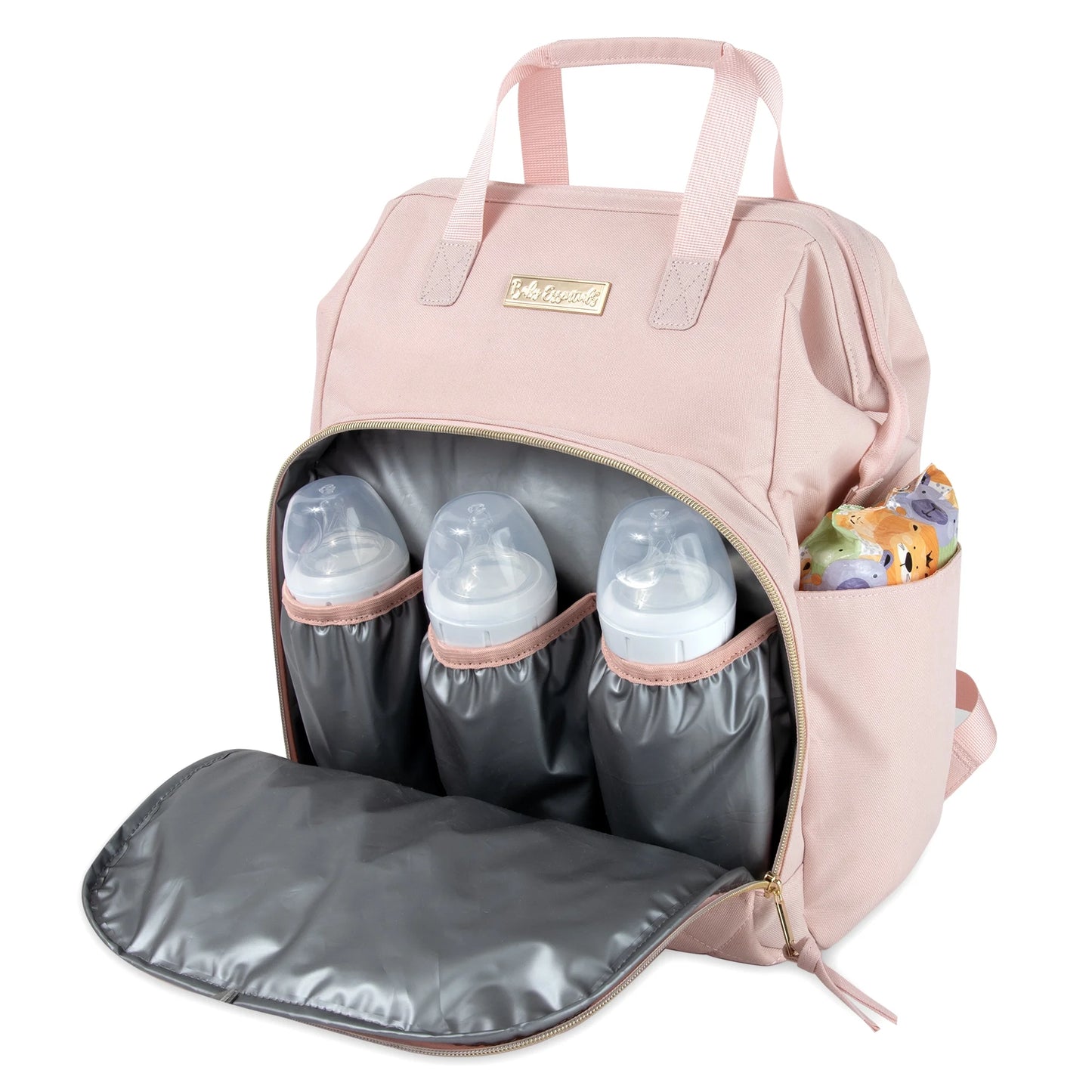 Super Cooler Main Frame Dual Zipper Closure Diaper Bag Backpack Tote with Matching 6-Ply Changing Pad, Insulated Bottle Pockets, Stroller Straps and Pacifier Pouch in Mauve Pink