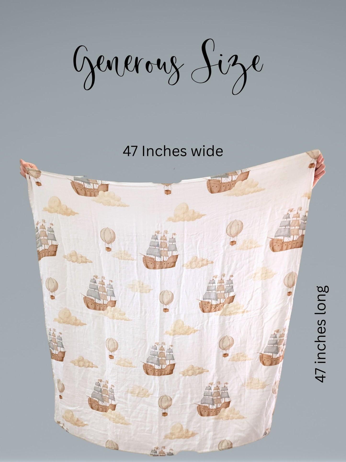 Fabric swatch with ship pattern on a gray background