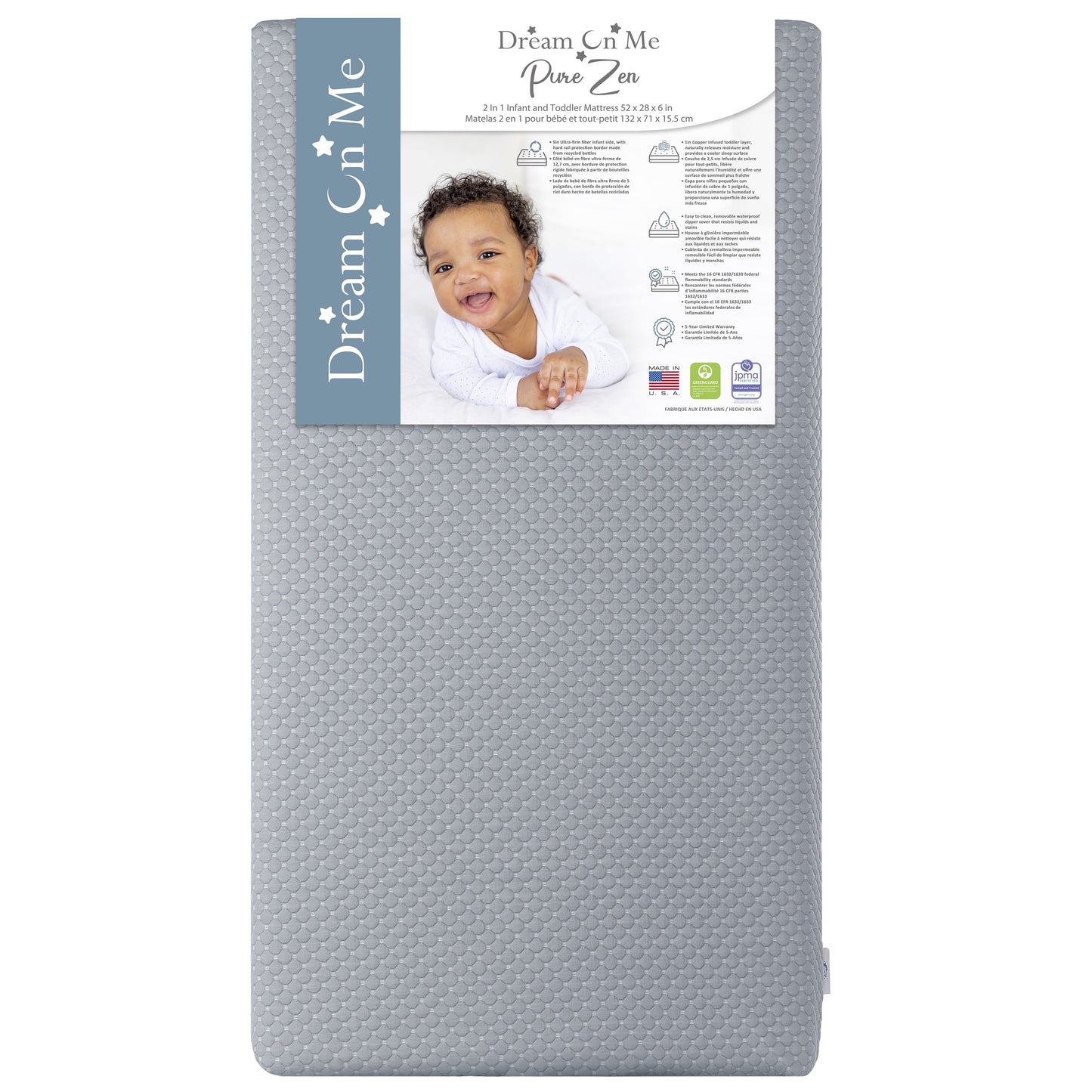 Pure Zen 2 in 1 Crib & Toddler Mattress, White and Grey, Greenguard Gold Certified