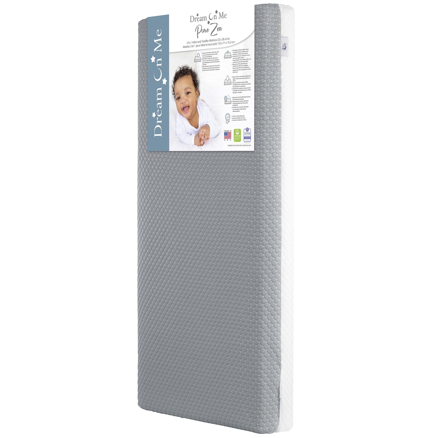 Pure Zen 2 in 1 Crib & Toddler Mattress, White and Grey, Greenguard Gold Certified