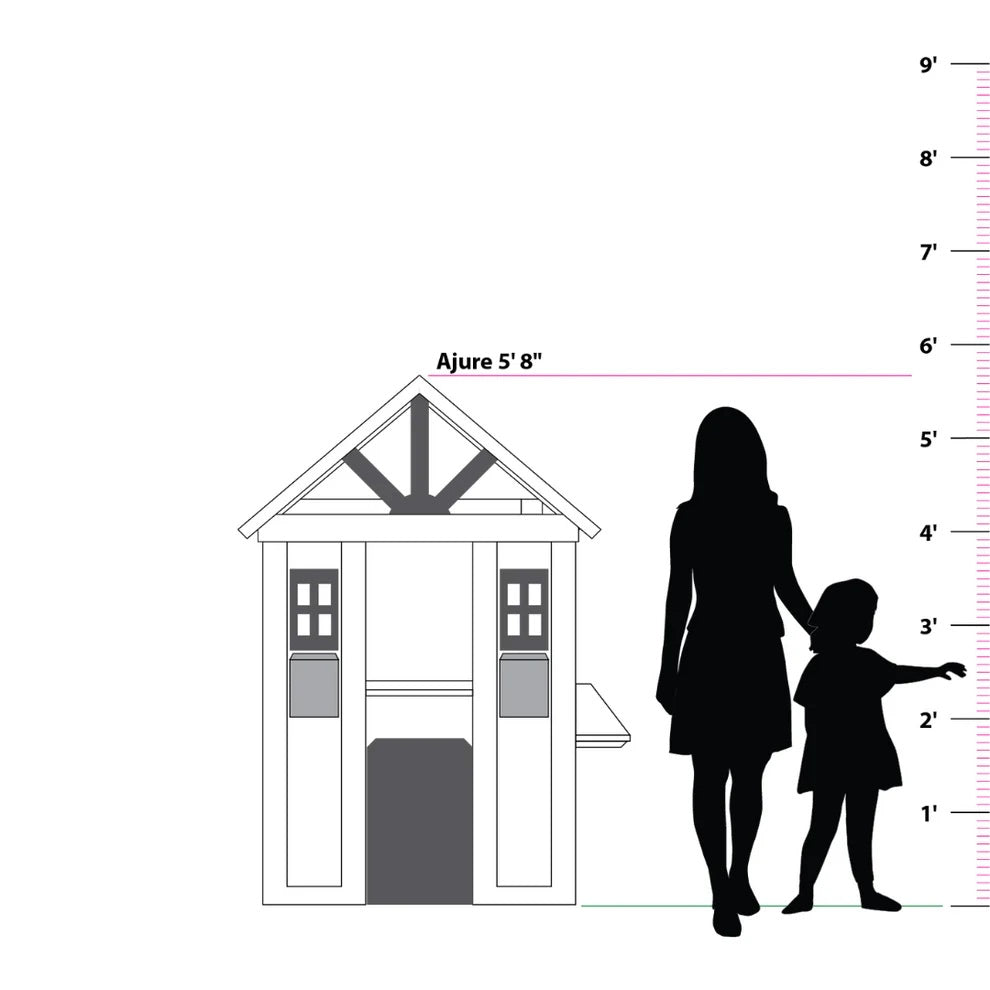 Measurement chart showing a playhouse and two silhouettes of people with a height scale on the right.