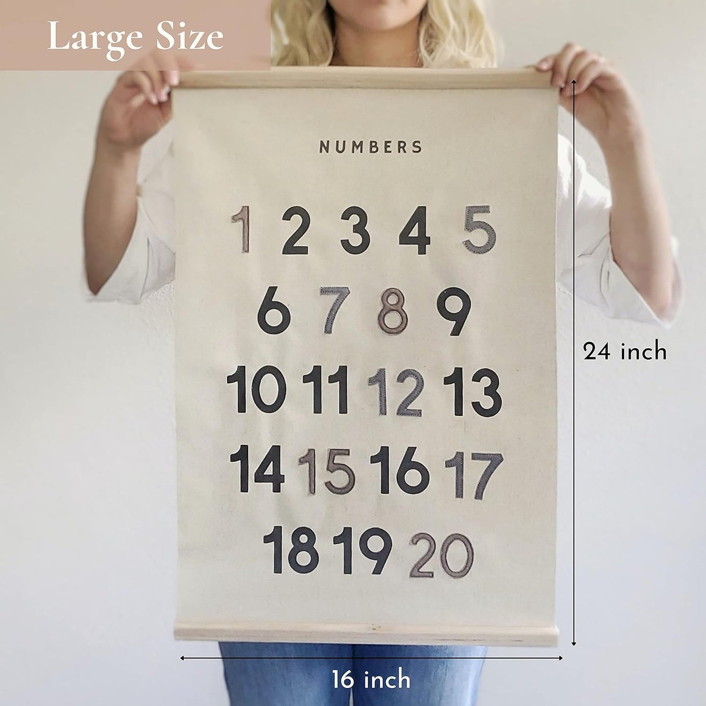 16 X 24 Inch Embroidered Number Poster Framed with Wood Hanger - Neutral Gray Wall Décor for Boys Nursery, Bedroom, Playroom, Toddler and Kids Room