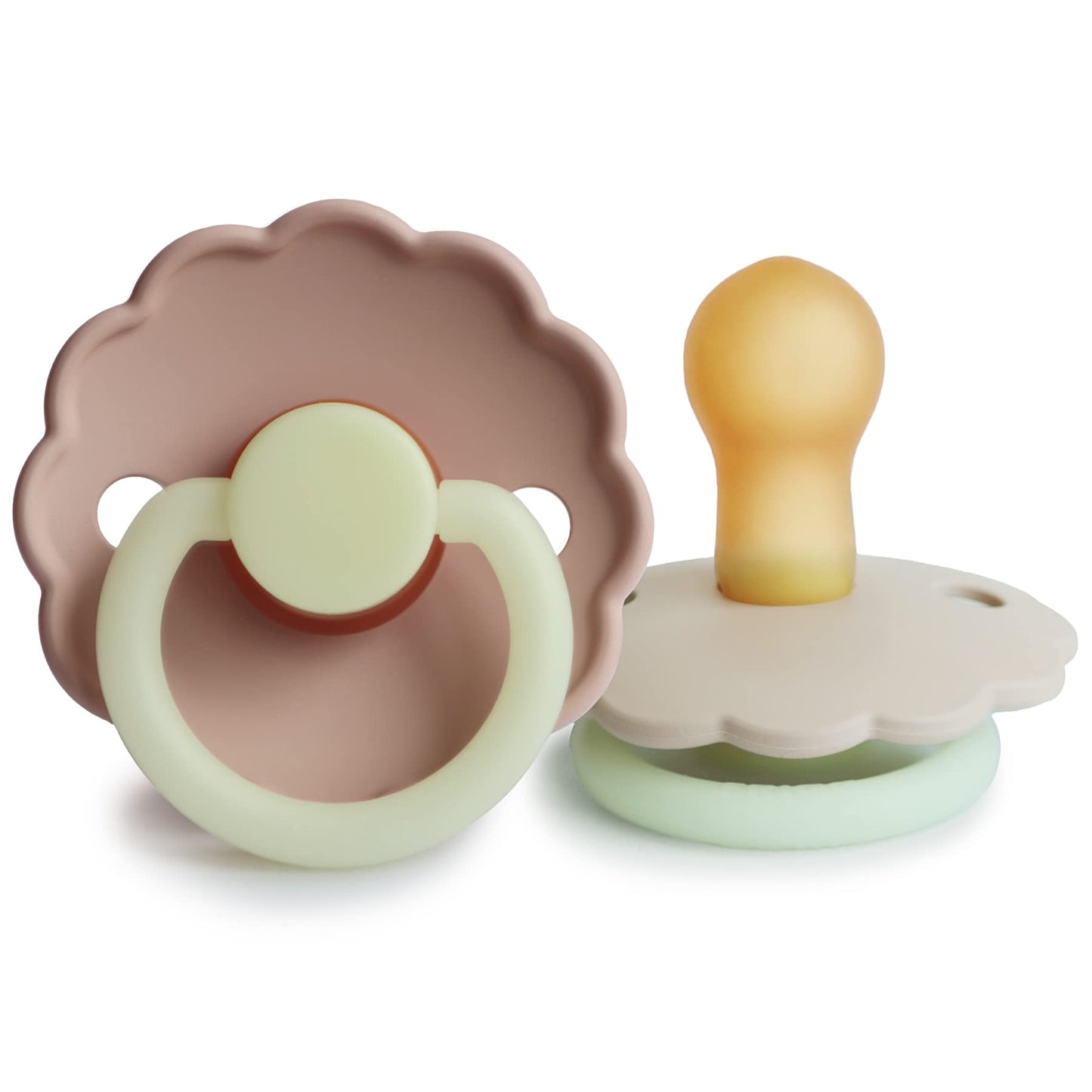 FRIGG Daisy Natural Rubber Baby Pacifier | Made in Denmark | BPA-Free (Aurora/Bright White, 0-6 Months) 2-Pack