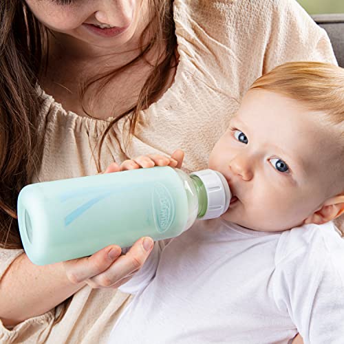 Dr. Brown's Natural Flow Anti-Colic Options+ Narrow Glass Baby Bottle Starter Set with Silicone Bottle Sleeves, Brush & Soft 100% Silicone HappyPaci Pacifier for Newborns, 0m+