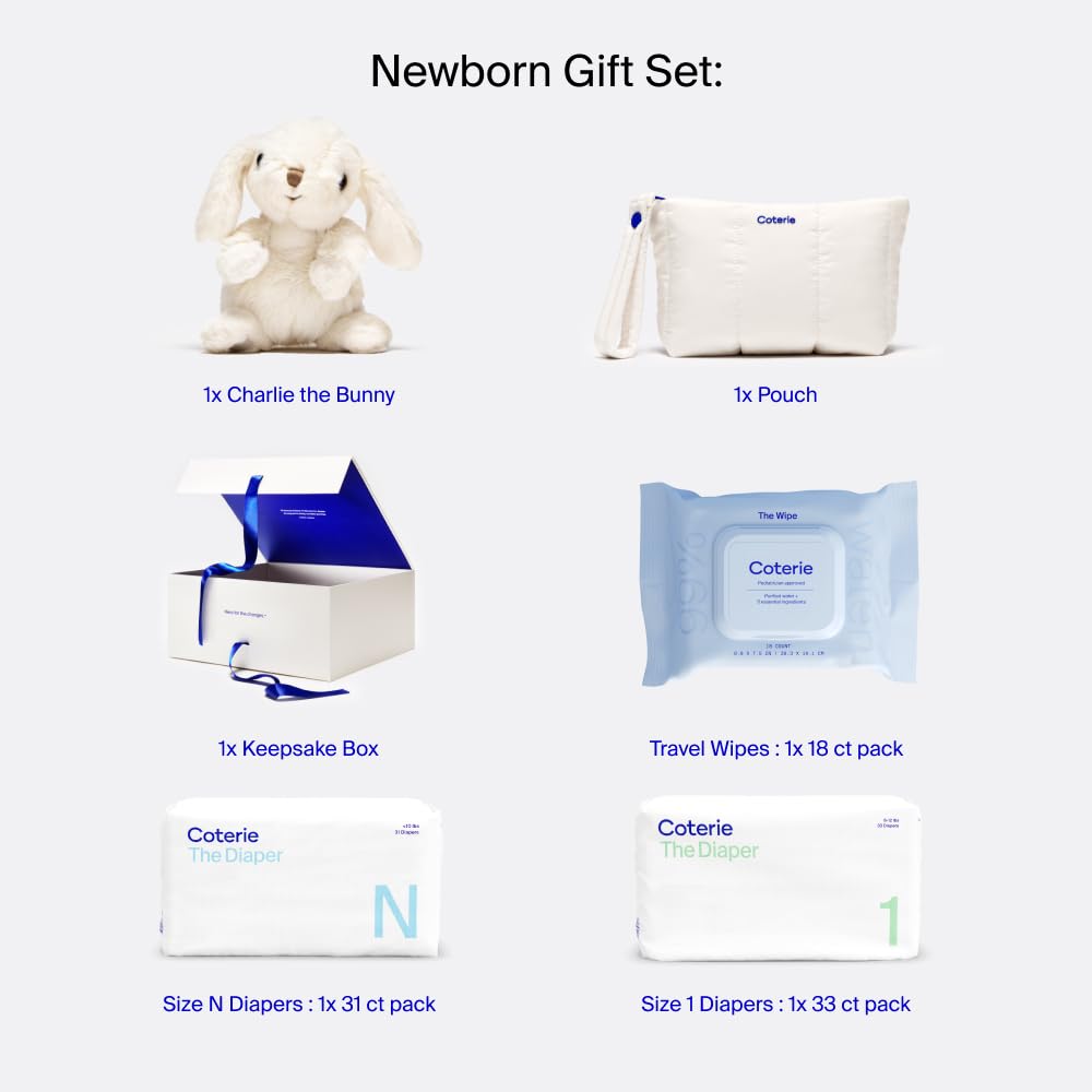 Coterie Baby Wipes + Diapers Kit, Size 1 (198 Count) & Size Newborn Diapers (93 Count), 4 Pack (224) Wipes with 99% Water, Plant Based Materials, Hypoallergenic for Sensitive Skin, Baby Essentials