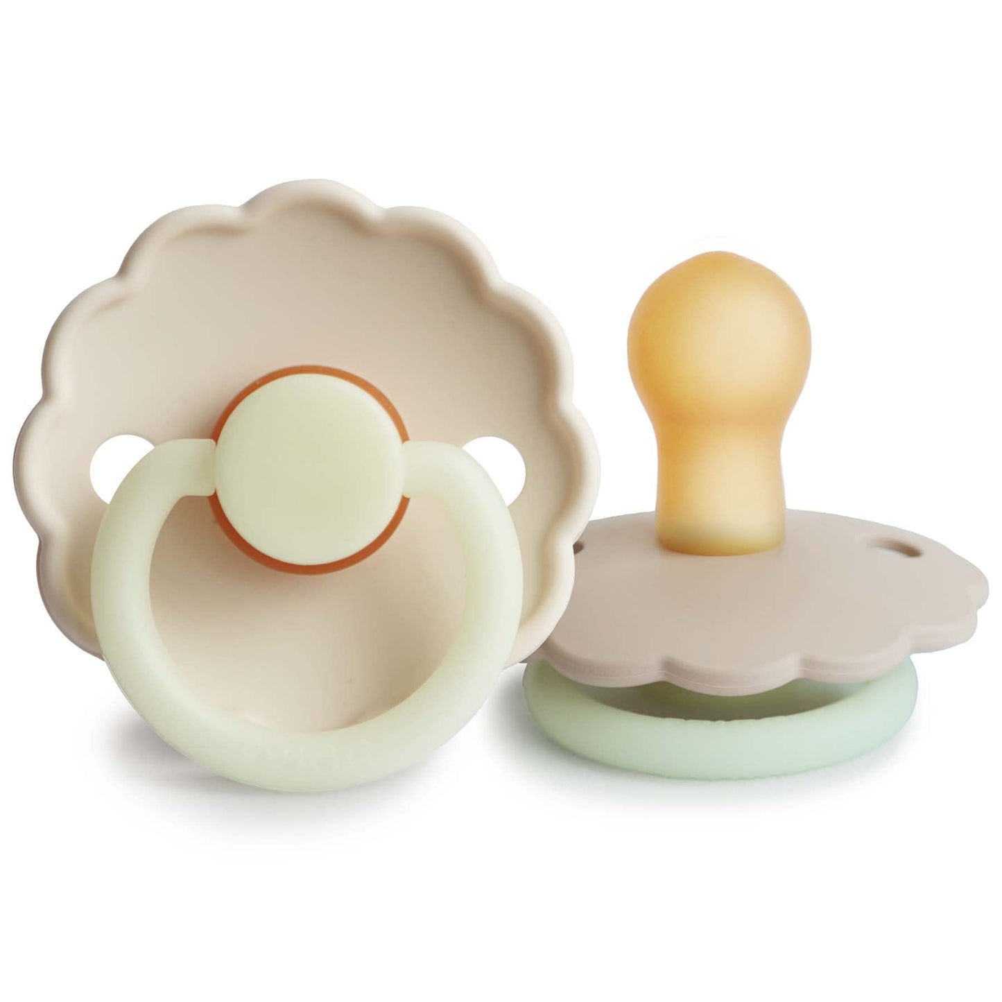 FRIGG Daisy Natural Rubber Baby Pacifier | Made in Denmark | BPA-Free (Aurora/Bright White, 0-6 Months) 2-Pack