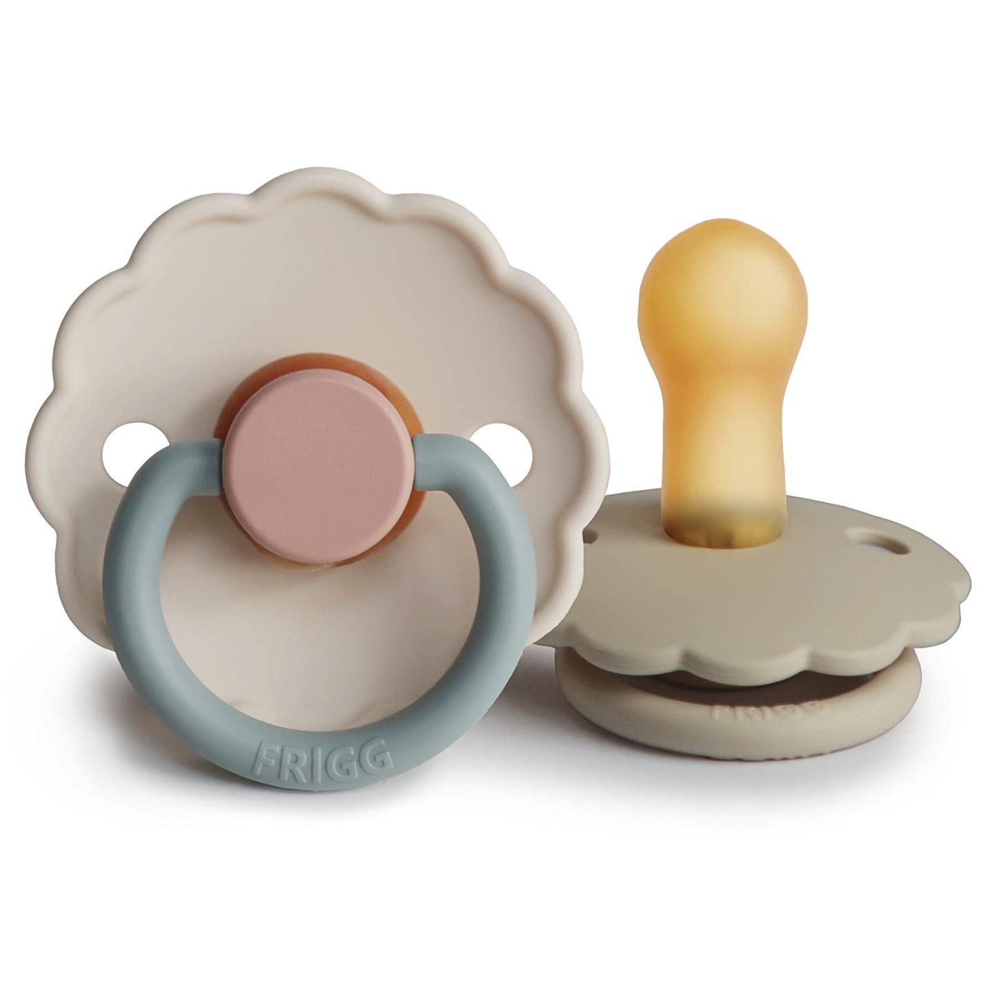 FRIGG Daisy Natural Rubber Baby Pacifier | Made in Denmark | BPA-Free (Aurora/Bright White, 0-6 Months) 2-Pack
