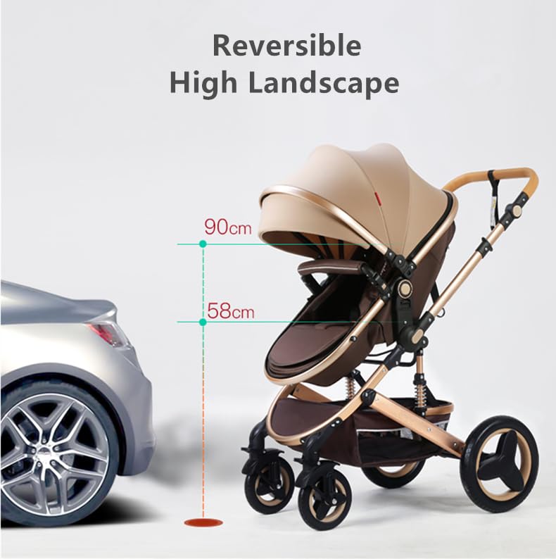 Luxury Baby Stroller 2 in 1 with Bassinet Mode Foldable Infant Stroller High Landscape Reversible Stroller Travel Pram Baby Carriage (Black)