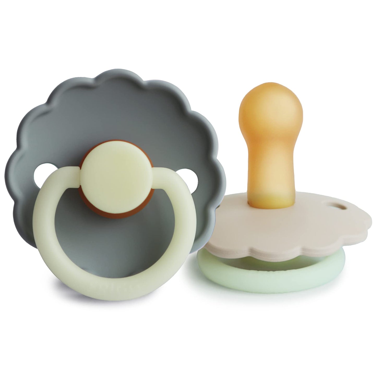 FRIGG Daisy Natural Rubber Baby Pacifier | Made in Denmark | BPA-Free (Aurora/Bright White, 0-6 Months) 2-Pack