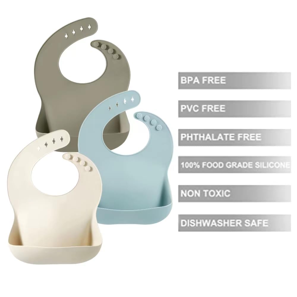 PandaEar Silicone Baby Bibs Set of 3 for Toddlers, BPA Free Waterproof Adjustable Feeding Bib with Large Pocket Food Catcher