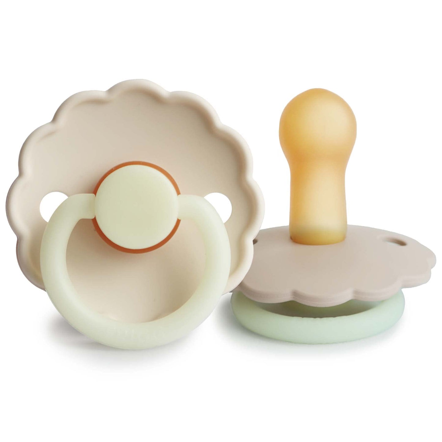 FRIGG Daisy Natural Rubber Baby Pacifier | Made in Denmark | BPA-Free (Aurora/Bright White, 0-6 Months) 2-Pack