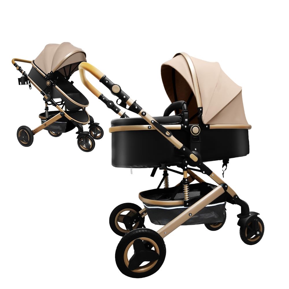 Luxury Baby Stroller 2 in 1 with Bassinet Mode Foldable Infant Stroller High Landscape Reversible Stroller Travel Pram Baby Carriage (Black)