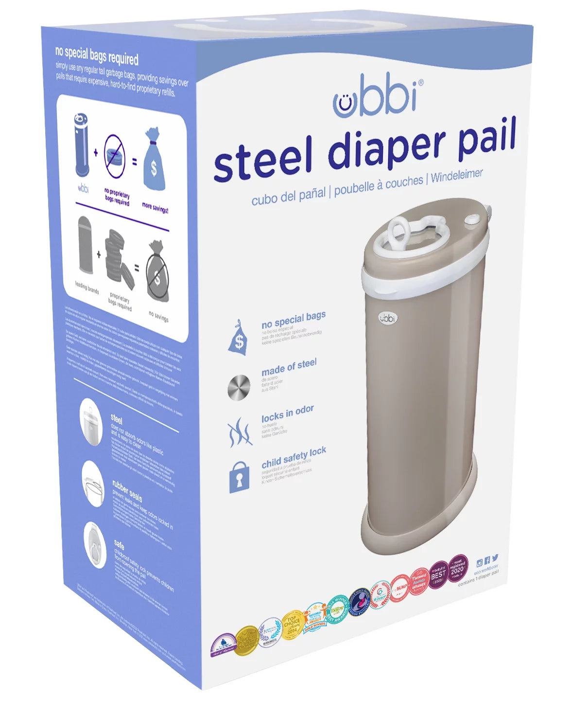 Stainless Steel Diaper Pail, Odor Locking, No Special Bag Required, Award-Winning, Registry Must-Have, Taupe