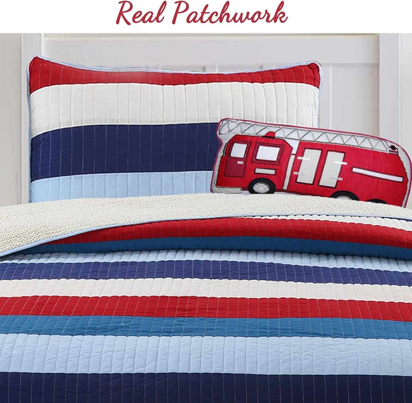Aaron Bedding Quilt Set, Nautical Navy Blue Red Off-White Striped 100% Cotton Reversible Coverlet Bedspread Bedding Set (National Stripe, Twin - 2 Piece)