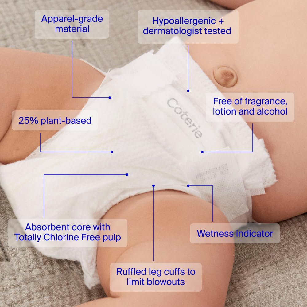 Coterie Baby Wipes + Diapers Kit, Size 1 (198 Count) & Size Newborn Diapers (93 Count), 4 Pack (224) Wipes with 99% Water, Plant Based Materials, Hypoallergenic for Sensitive Skin, Baby Essentials
