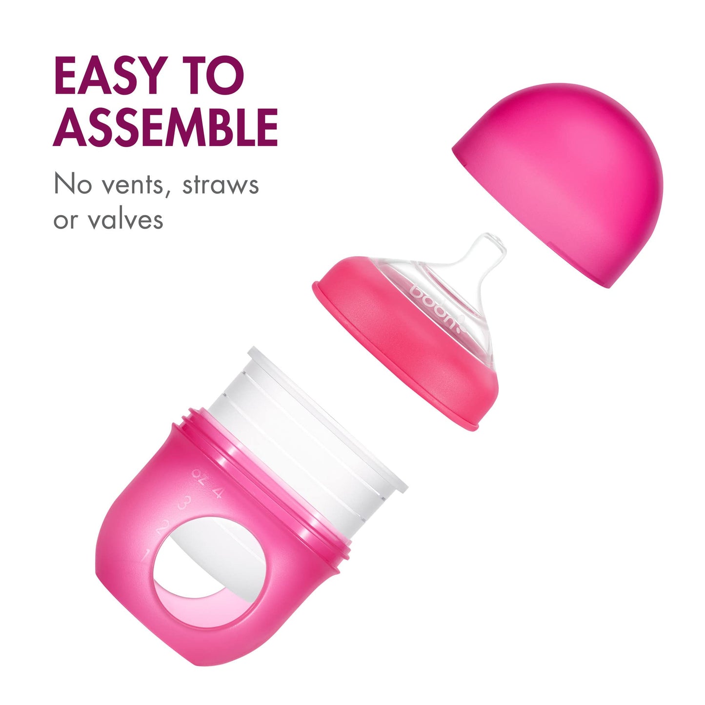 Boon Nursh Reusable Silicone Pouch Baby Bottles - Medium Flow Nipple - Silicone Baby Bottle Pouch and Nipple - Baby Feeding Essentials - Pink - 3-6 Months - 3 Count - 8 Ounce