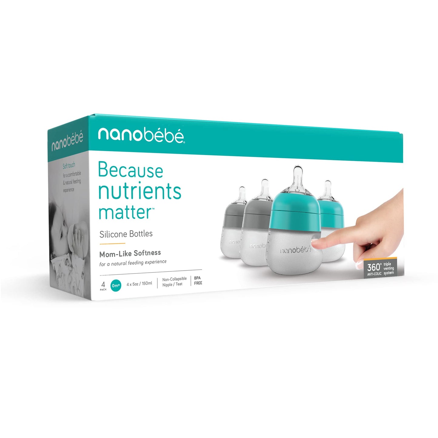 Nanobébé Flexy Silicone Baby Bottle, Anti-Colic, Natural Feel, Non-Collapsing Nipple, Non-Tip Stable Base, Easy to Clean, 3-Pack, Gray, 9oz