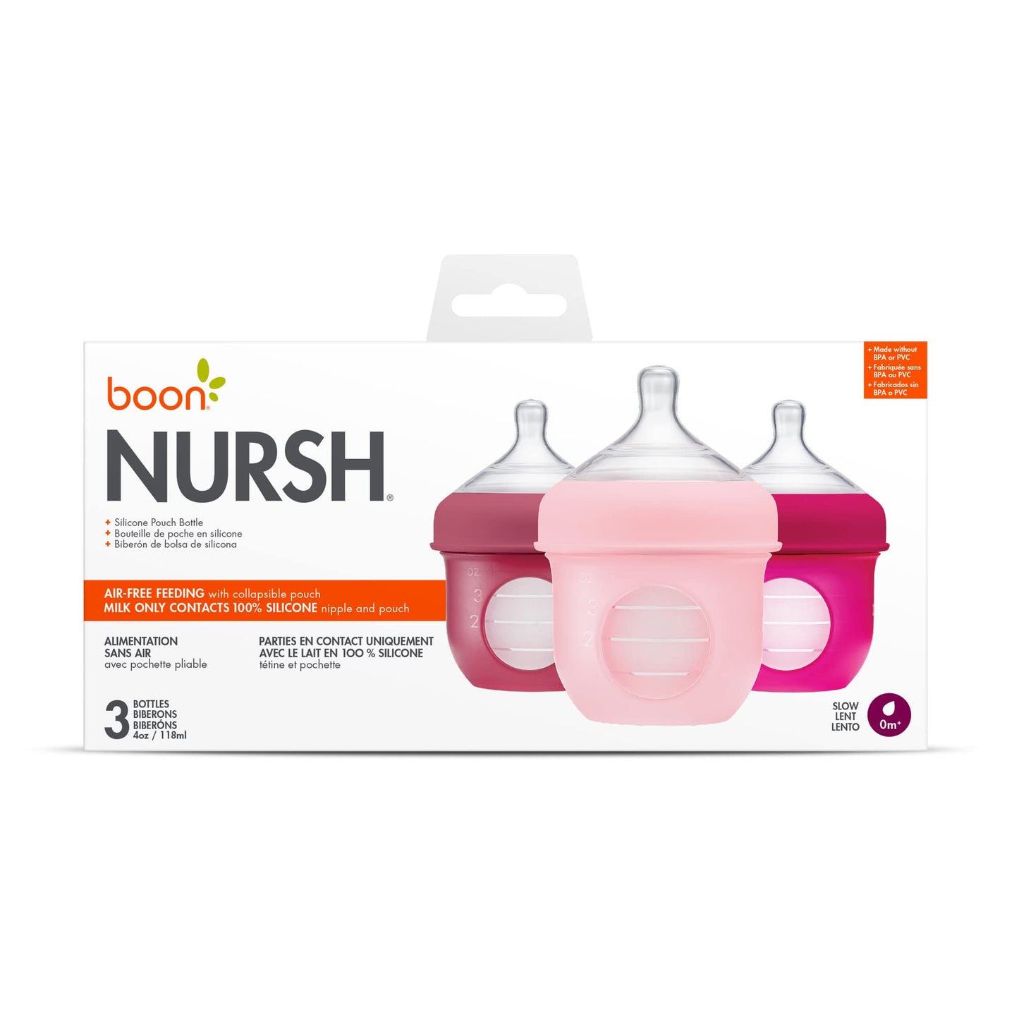 Boon Nursh Reusable Silicone Pouch Baby Bottles - Medium Flow Nipple - Silicone Baby Bottle Pouch and Nipple - Baby Feeding Essentials - Pink - 3-6 Months - 3 Count - 8 Ounce