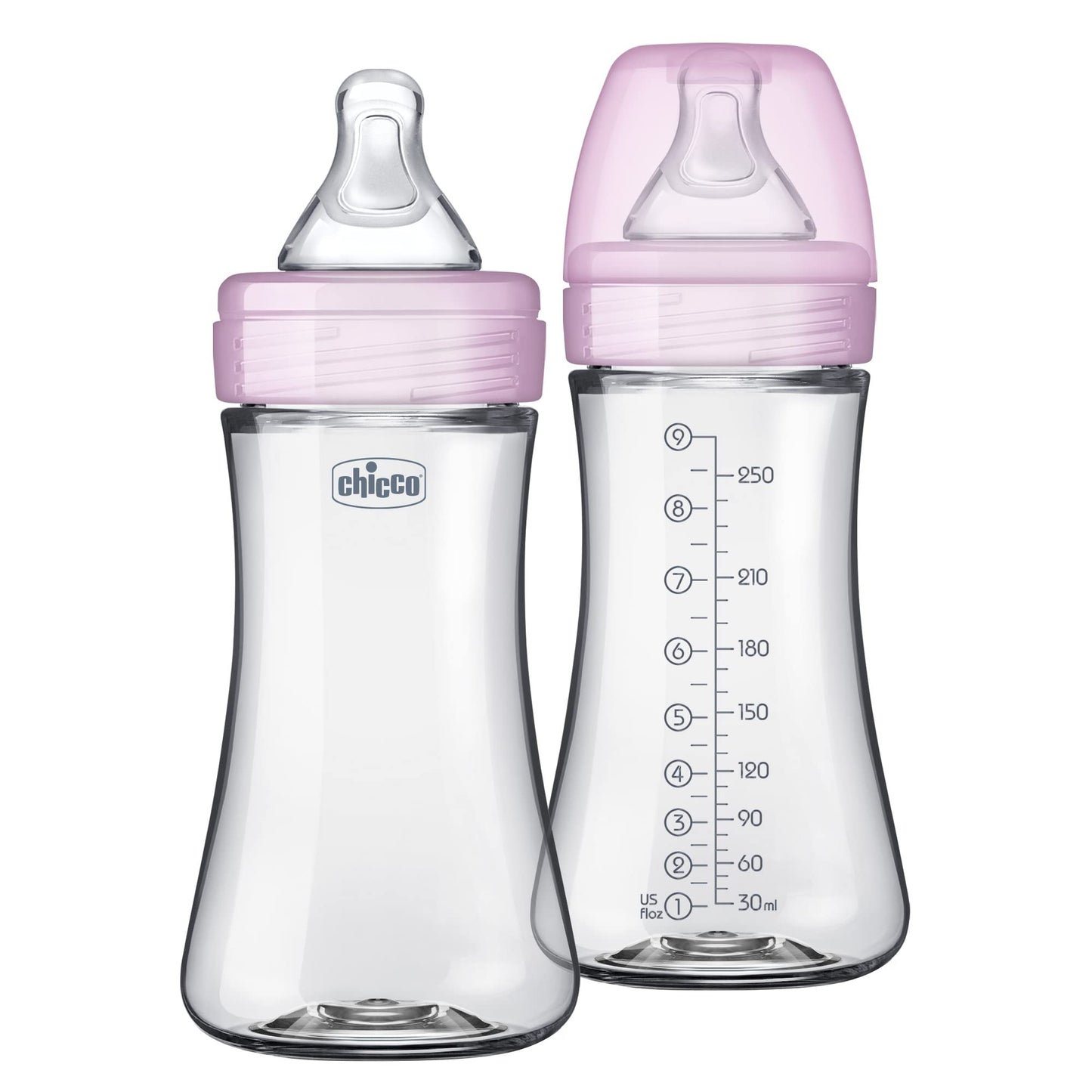 Chicco Duo 9oz. Hybrid Baby Bottle with Invinci-Glass Inside and Plastic Outside | Dishwasher, Bottle Warmer, and Electric Sterilizer Safe | Intui-Latch Nipple | Clear/Grey, 2pk