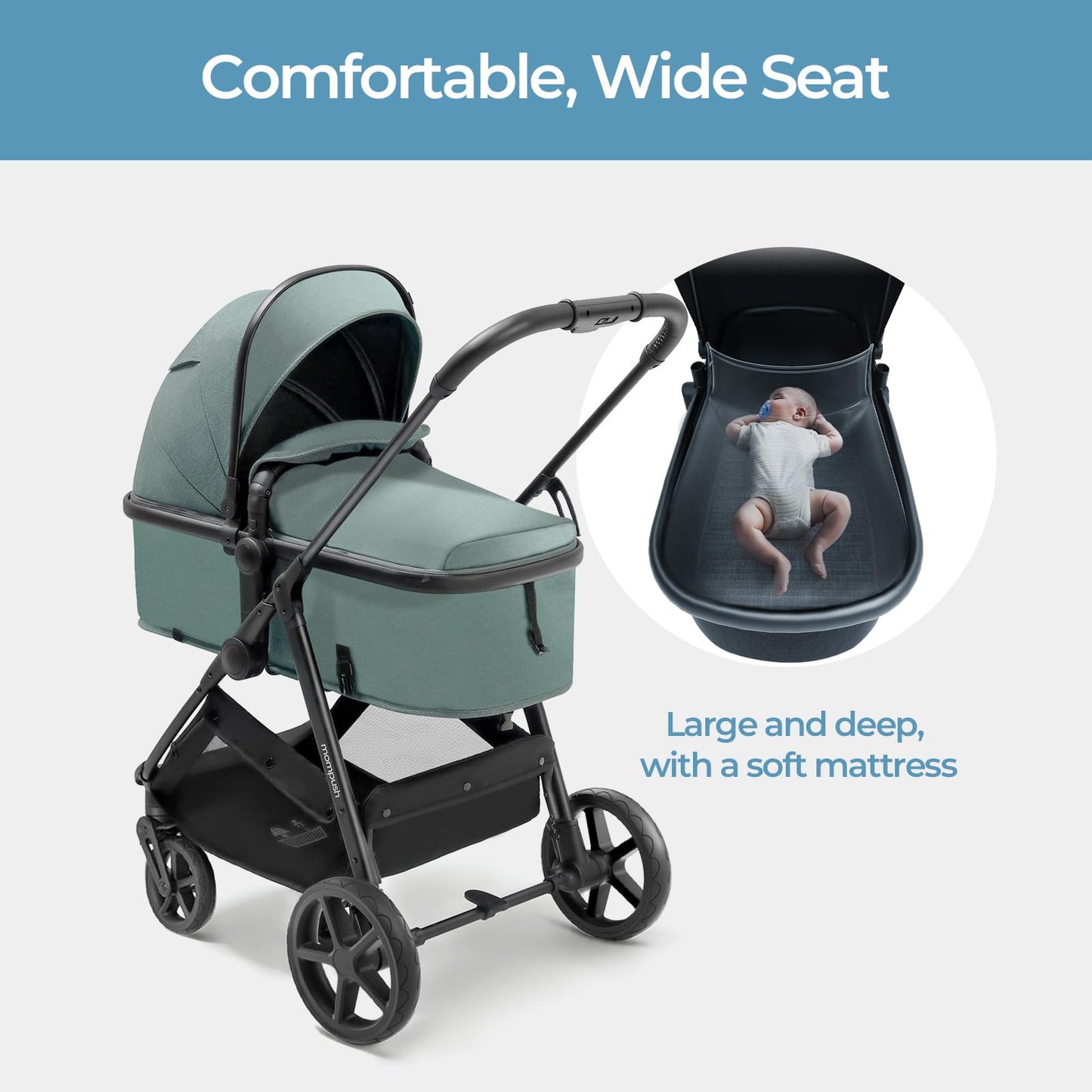 Mompush Wiz 2-in-1 Convertible Baby Stroller with Bassinet Mode, Foldable Infant Stroller with Reversible Seat and Large UPF 50+ Canopy
