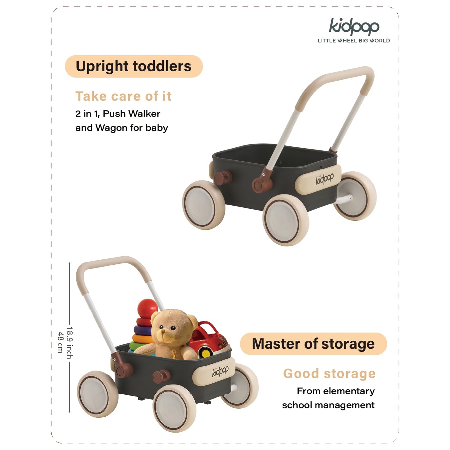 PULA Baby Push Walker with Wheels Toddler Wagon for First Learner Baby Toys 6-12 Months, 1 Year Old Birthday Gifts, Indoors and Outdoors (Black)