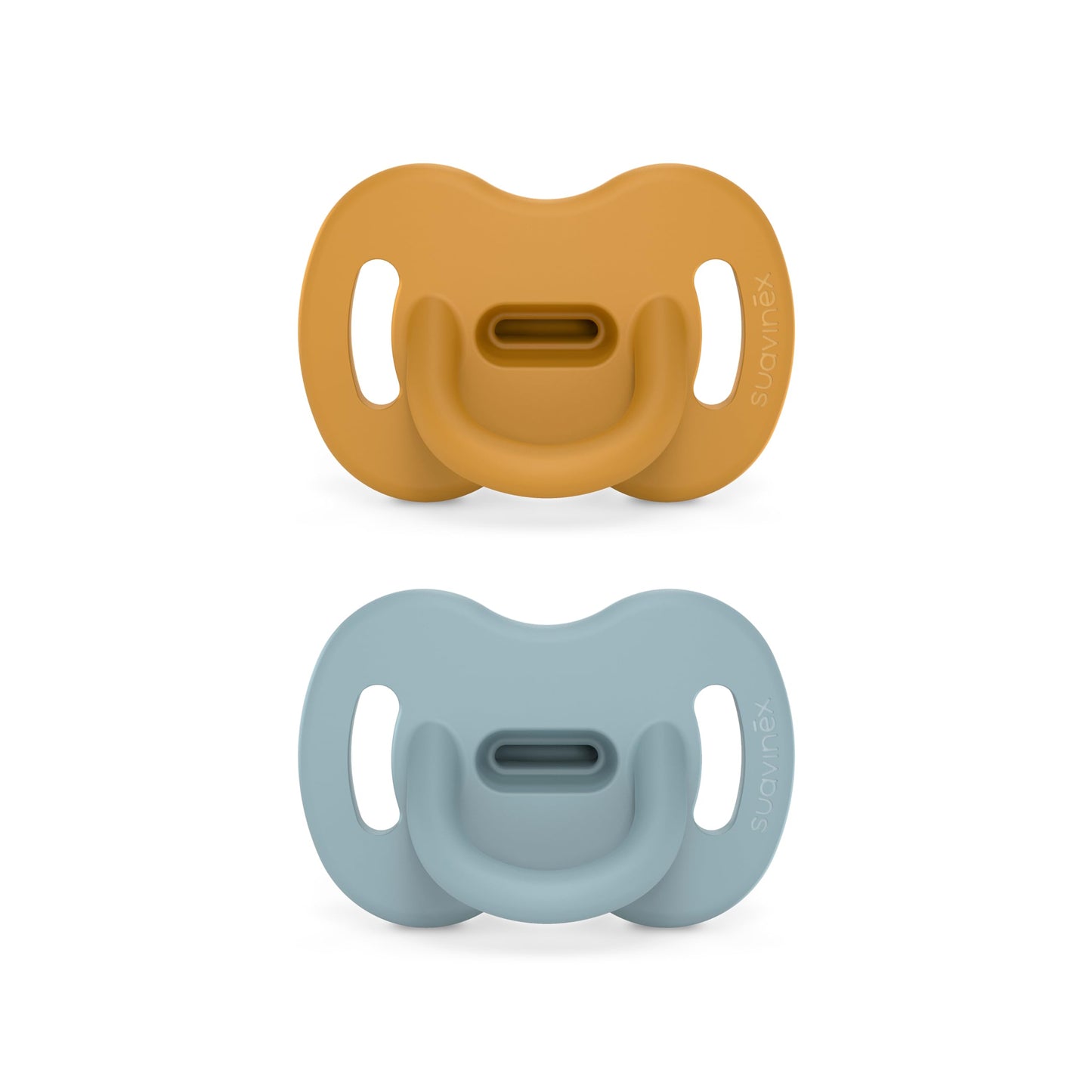 Color Essence SX PRO Silicone Baby Pacifier 2Pk, Made with 100% Soft Silicone, Baby Essentials Perfect for Breastfeeding Babies, Designed in Spain, 0-6 Mths, Mustard/Blue