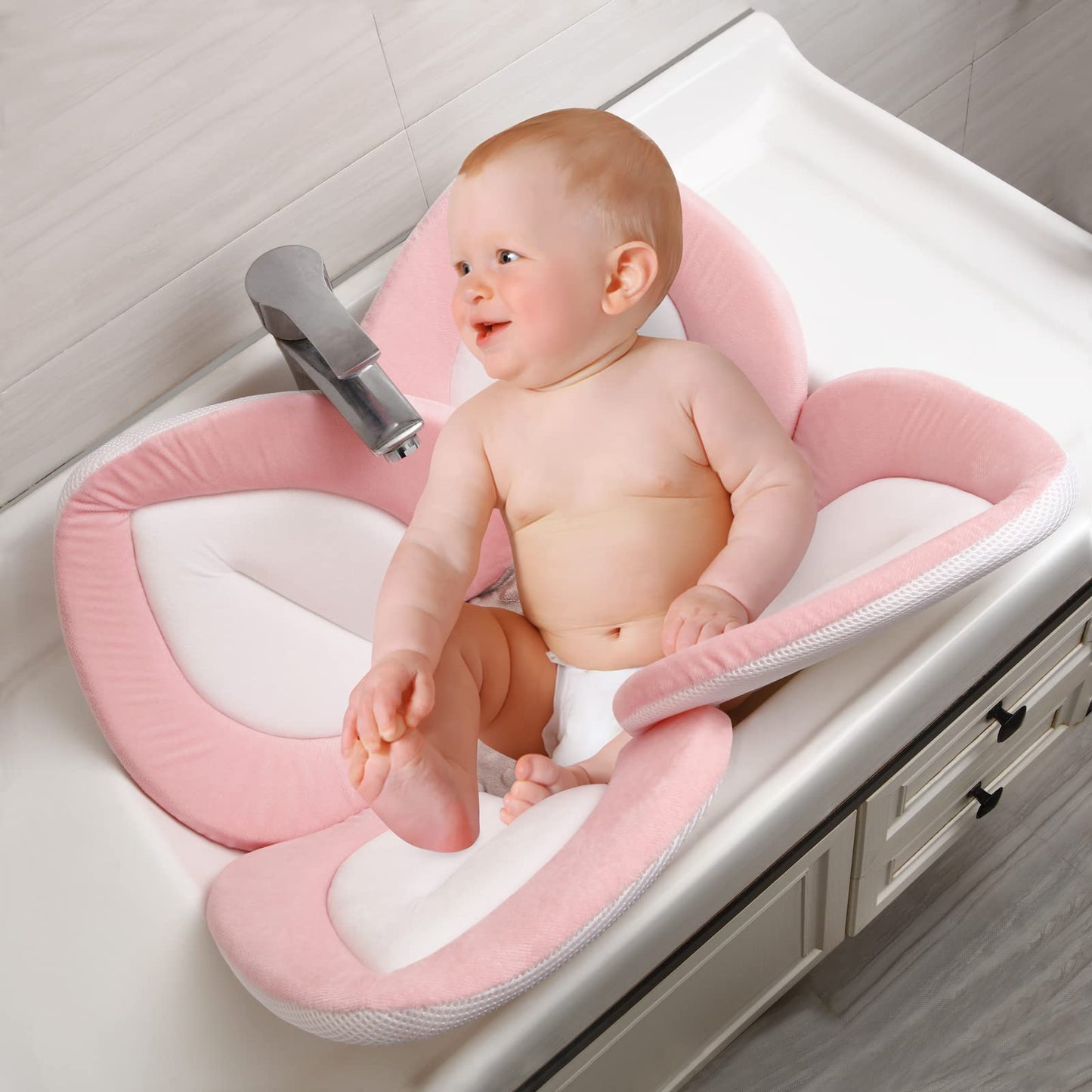 PandaEar Baby Bath Pad for Infant Newborn | Soft Flower Petals for Sink Bathtub Essentials Shower Gift (Grey)
