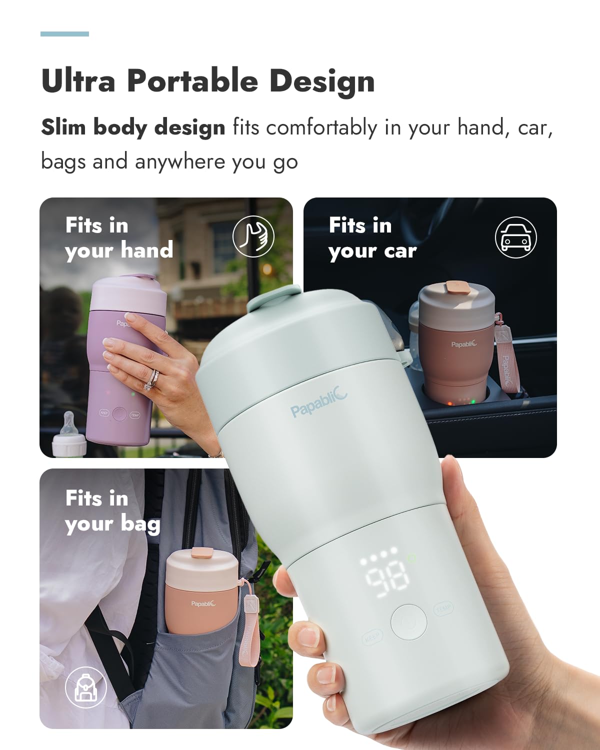 Papablic Pro Portable Bottle Warmer for Travel – Fast Heating, Built-in Sterilizer, 30W Fast Charge, 5-Temp Control, Easy-Clean Wide Mouth, Baby Milk Warmer for Breastmilk & Formula, Lilac Purple