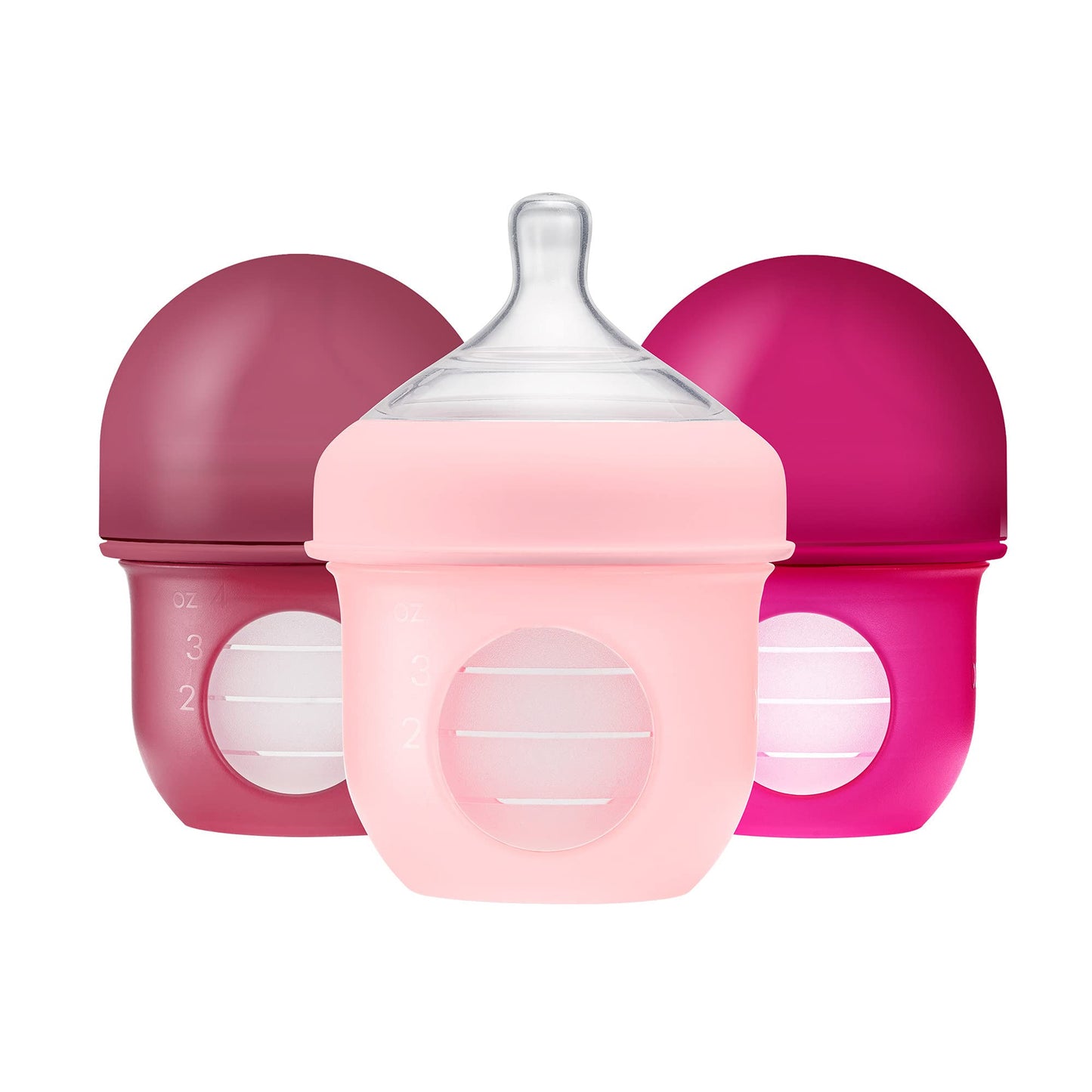 Boon Nursh Reusable Silicone Pouch Baby Bottles - Medium Flow Nipple - Silicone Baby Bottle Pouch and Nipple - Baby Feeding Essentials - Pink - 3-6 Months - 3 Count - 8 Ounce