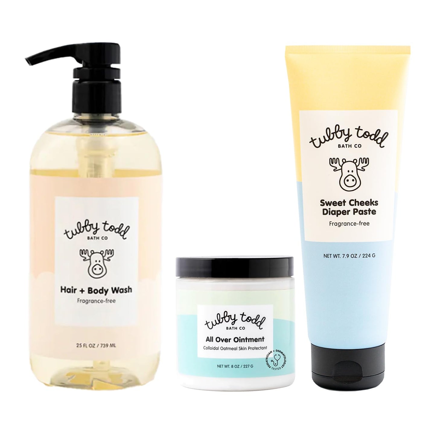 TUBBY TODD Baby Bundle Newborn Skin Care Set - Hypoallergenic Hair + Body Wash, All Over Ointment with Colloidal Oatmeal, Sweet Cheeks Diaper Paste - Fragrance Free, Standard Size